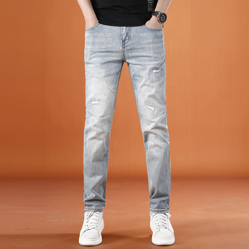2026新款春季高端潮流百搭浅色破洞牛仔裤男修身小直筒裤男士长裤