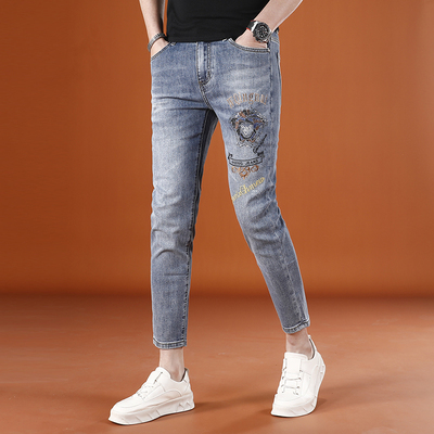 夏季薄款刺绣牛仔裤男士九分裤
