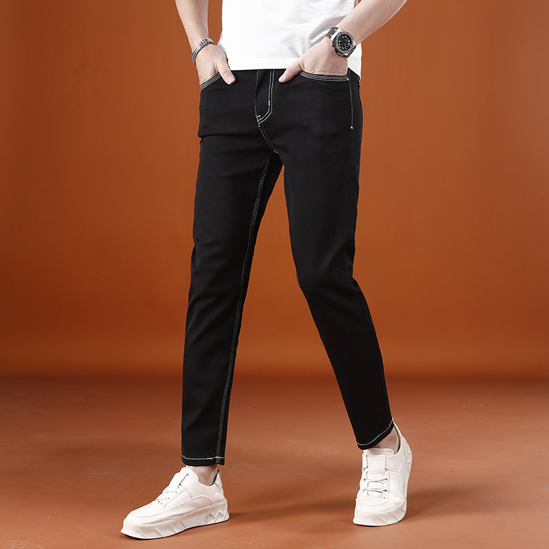 黑色裤子男2025新款潮流韩版夏季薄款弹力九分牛仔裤男修身小脚裤