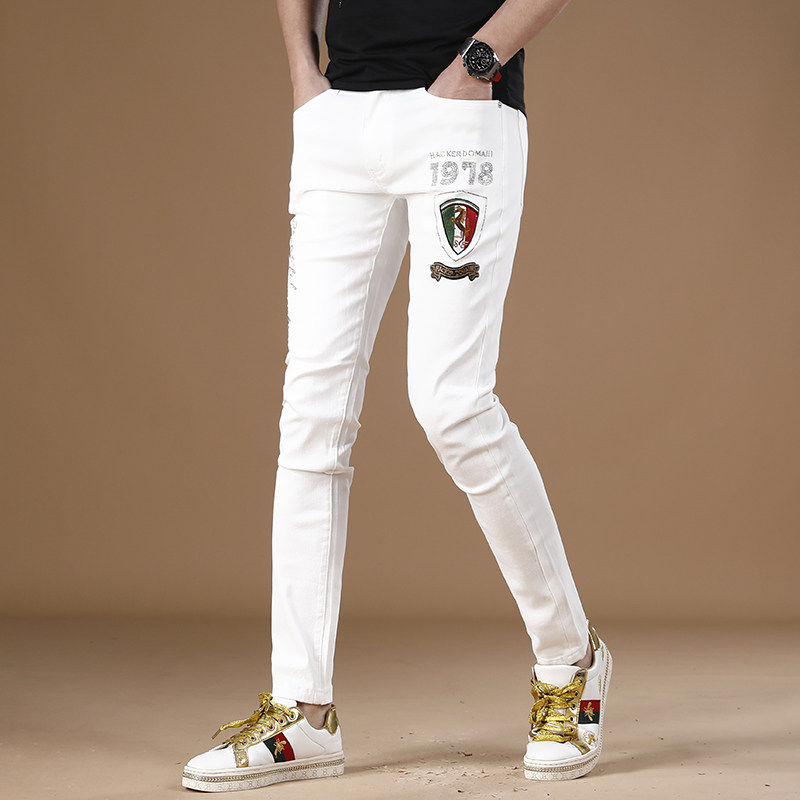 欧货白色裤子男款潮牌烫钻刺绣弹力男士牛仔裤修身小脚裤夏季薄款