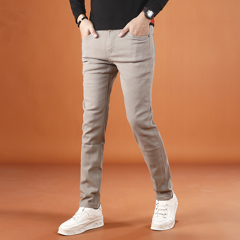 商务休闲卡其色牛仔裤男秋冬款潮流韩版时尚百搭男士长裤修身小脚