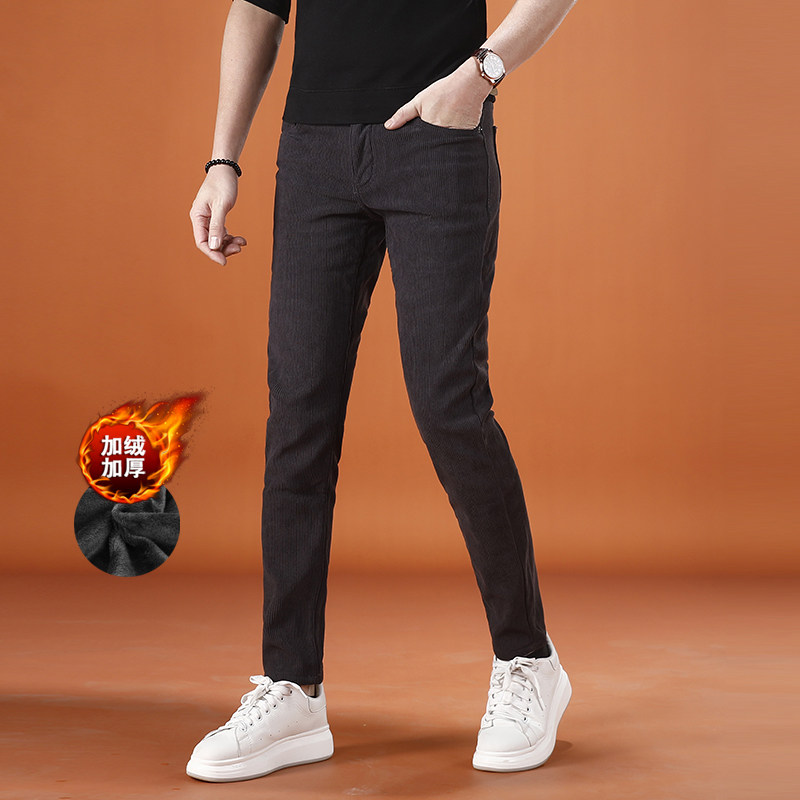 灰色裤子男时尚弹力修身小脚男士长裤冬季加绒灯芯绒休闲裤男厚款,男装,休闲裤,淘宝优惠券,粉丝福利购,淘宝优惠卷