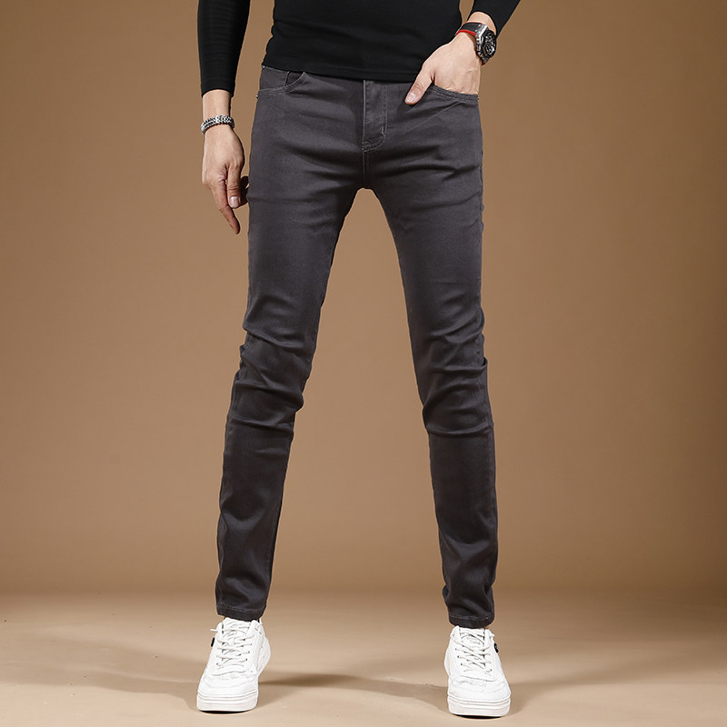 高端弹力男士牛仔裤2026春季新款深灰色裤子男休闲裤修身小脚长裤