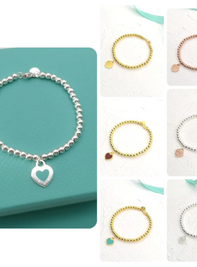 925纯银桃心形爱心圆珠吊坠手链