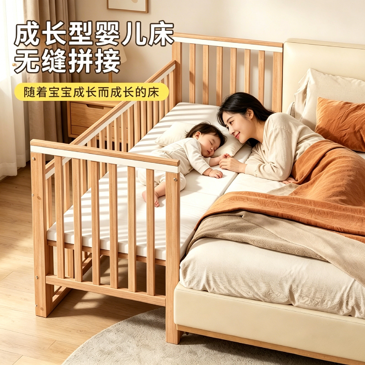 爱里奇胡桃木无漆婴儿拼接床