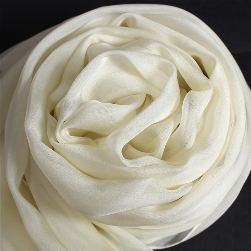 专柜品牌100%桑蚕丝纯色女真丝丝巾春秋冬季百搭薄款披肩丝滑米黄