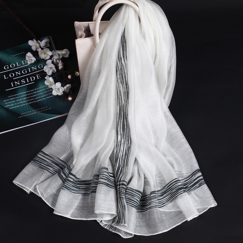 韩版正品真丝羊毛混纺丝巾春秋冬时尚气质围巾保暖米白色长款披肩