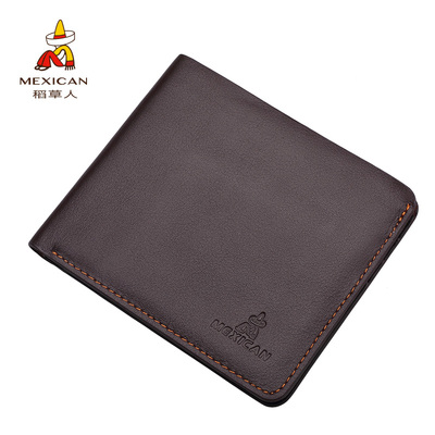 稻草人男士钱包头层牛皮 真皮男人钱夹短款皮夹啡色轻奢清仓短款