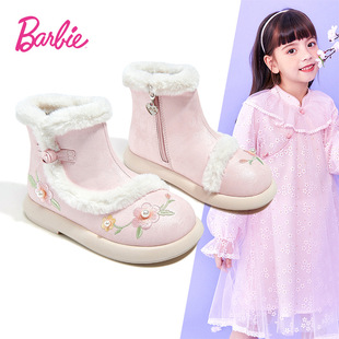 芭比公主复古国风靴子冬季款女童加绒棉靴保暖汉服鞋公主短筒皮靴