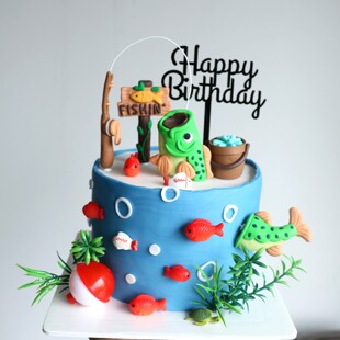 网红卡通鲤鱼垂钓主题钓鱼佬生日插牌 卡通珊瑚水草贝壳插件