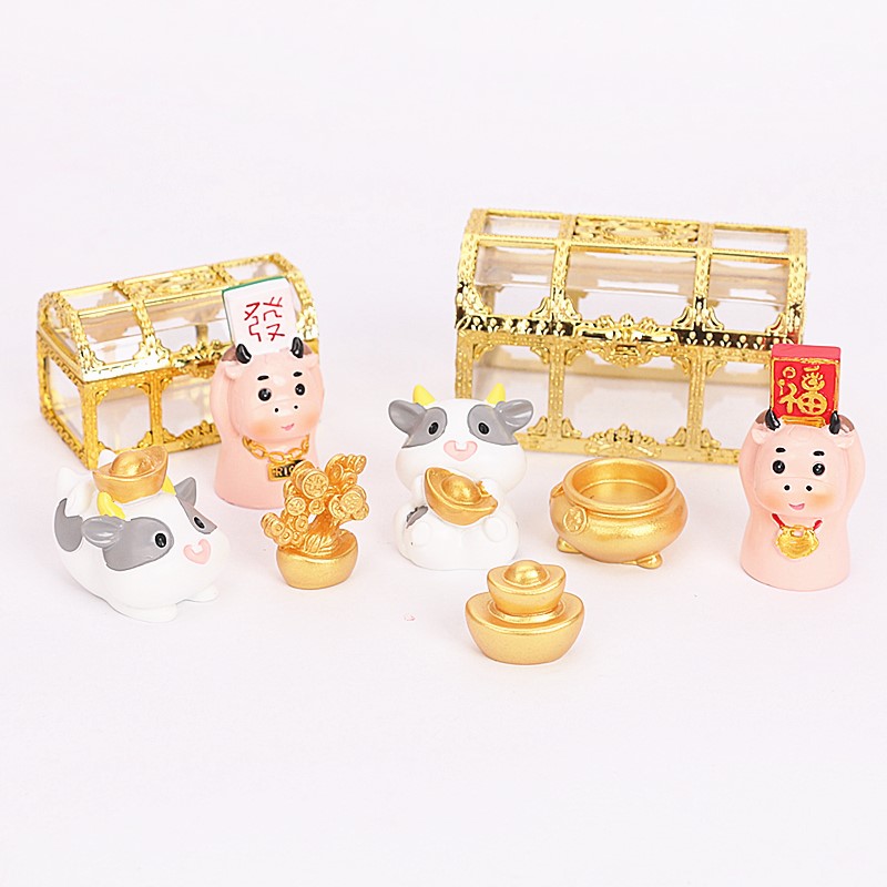 牛年大吉福牛元宝生日蛋糕摆件发牛聚宝盆宝箱新年祝福烘焙装饰