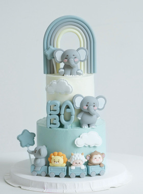 灰色小象软胶字母baby蛋糕装饰彩虹狮子小羊猴子小火车烘焙摆件