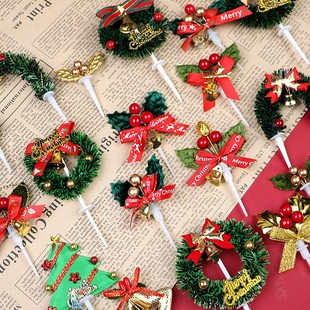 圣诞节蛋糕装饰插件绿色草圈叶子红果拱门蝴蝶结铃铛圣诞快乐插牌