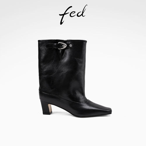 fed黑色方头粗跟时装靴冬季新款女鞋复古套筒真皮中筒靴女款ZC076
