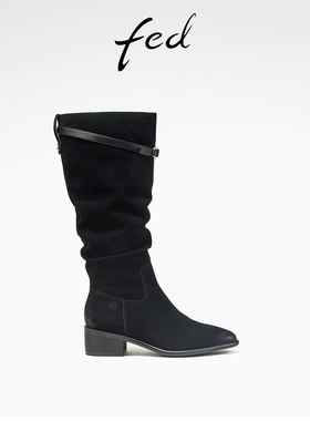 fed黑色中筒靴冬季新款女靴西部牛仔靴尖头堆堆靴女款D1004-ZC920