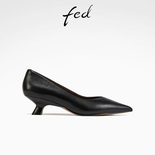 fed浅口单鞋秋季新款女鞋真皮职业通勤鞋黑色高跟鞋女S0820-ZC513