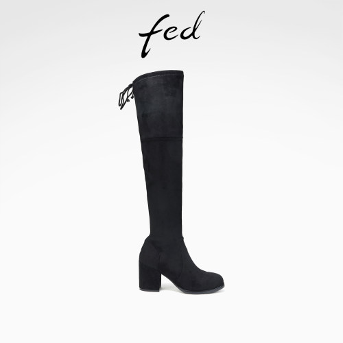 fed冬季新款黑色绒面系带时装靴