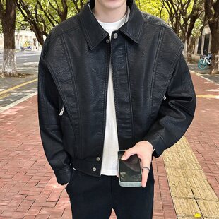 2026春男方领宽松短款 韩系拉链皮衣外套