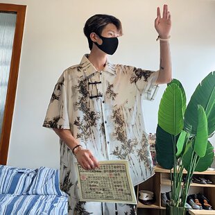 薄款 新中式 男宽松大码 衬衫 竹子印花衬衣 国风盘扣短袖