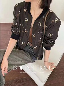 设计师款小众欧洲站2023秋季新款 复古减龄花色皱褶袖棒球服外套