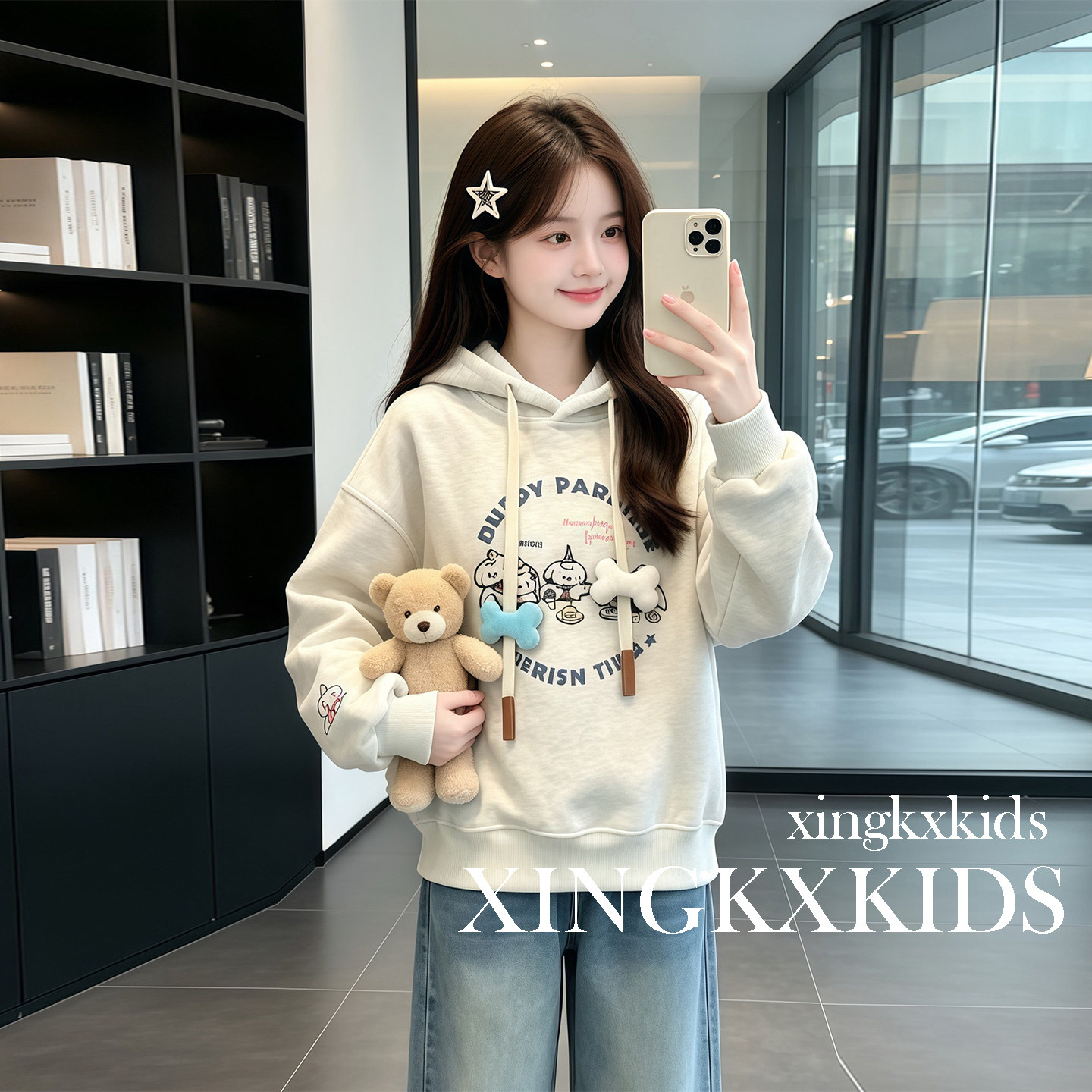 女童加绒加厚保暖连帽卫衣秋冬
