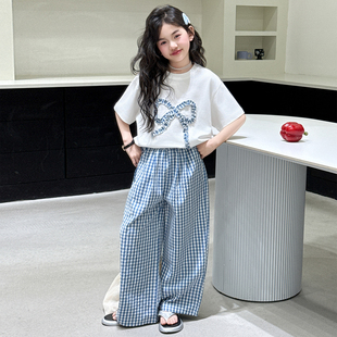 女童夏季短袖套装2025新款女中大童夏装休闲T恤儿童格子裤两件套
