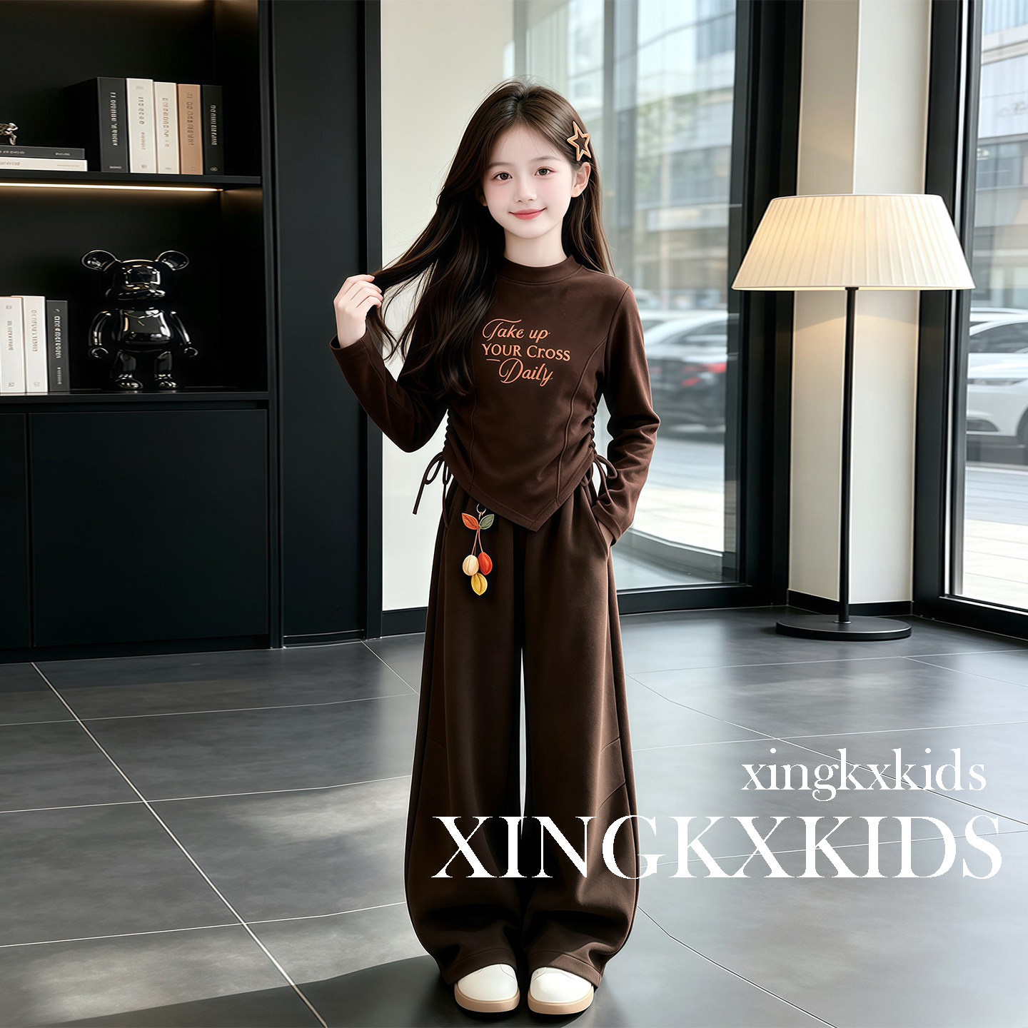 女童秋冬加绒保暖弯刀裤两件套