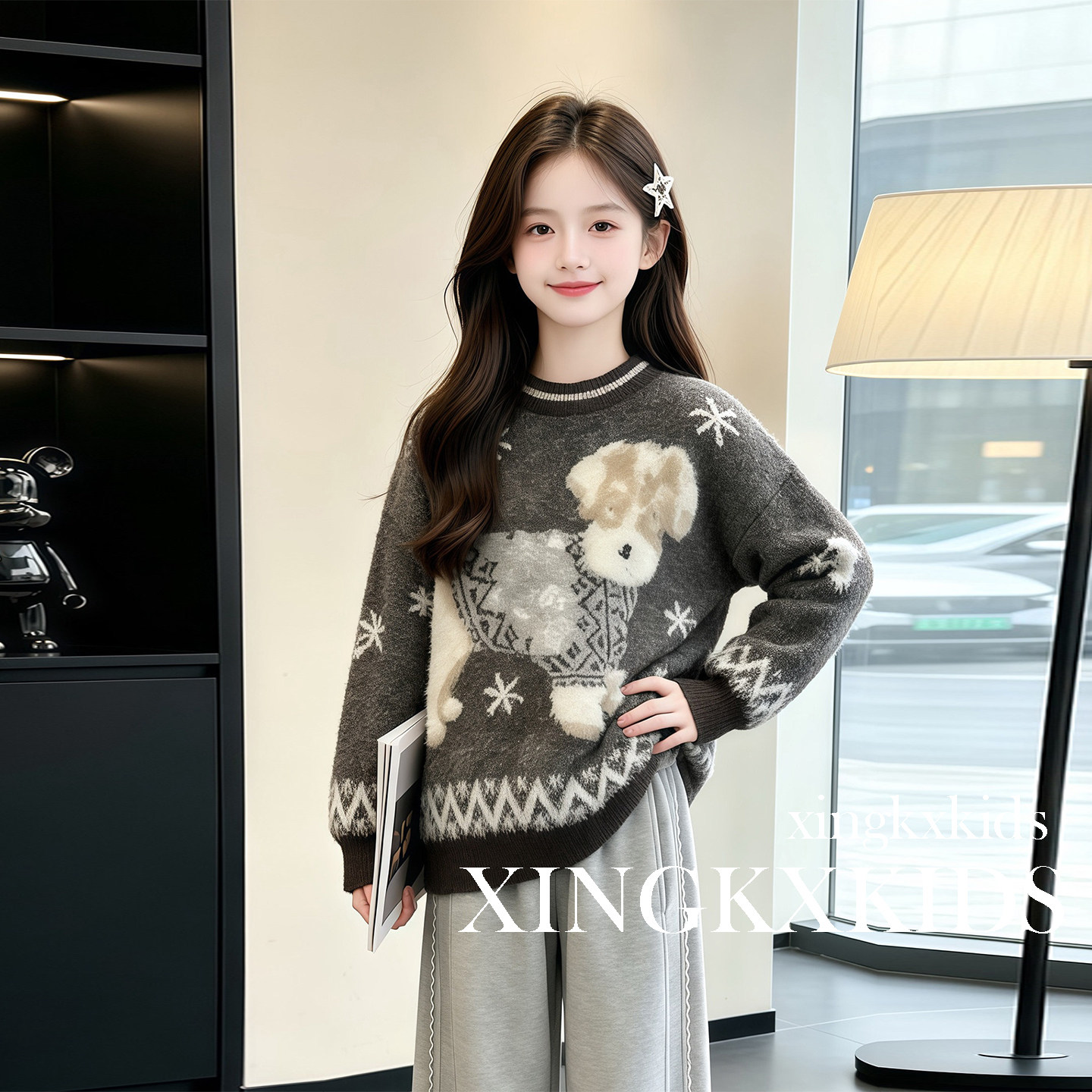 女童秋冬加绒保暖卡通针织衫