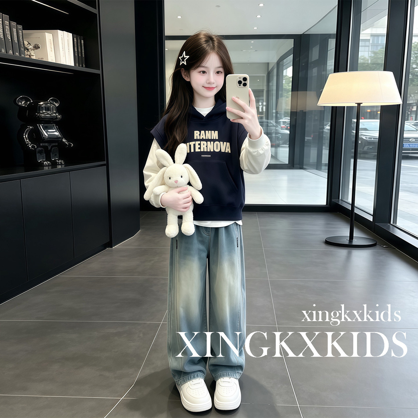 女童春秋连帽马甲牛仔裤三件套