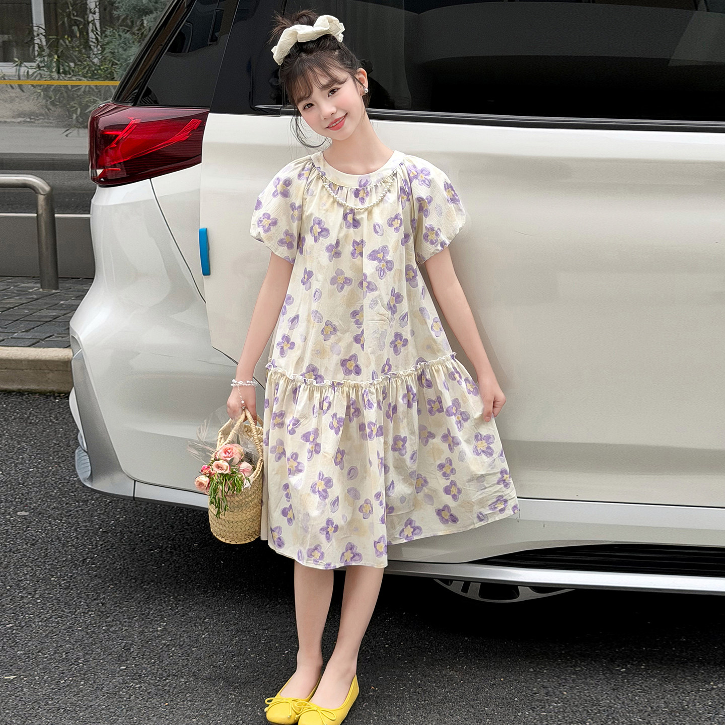 女童夏季碎花甜美泡泡袖连衣裙