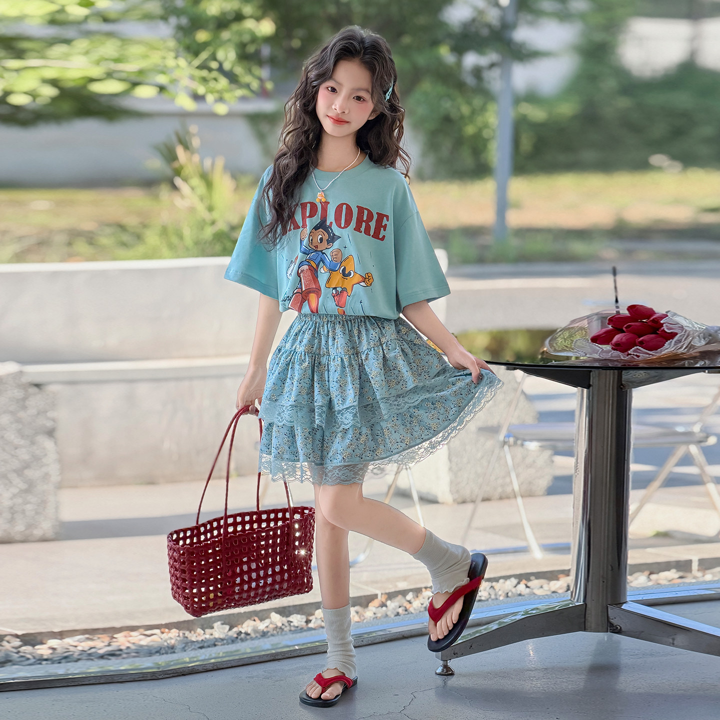 女童夏季印花T恤半身裙套装新款