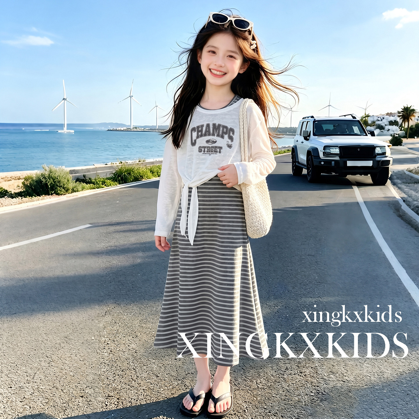女童夏季慵懒风条纹长裙2026新款女大童夏装韩系连衣裙两件套裙子