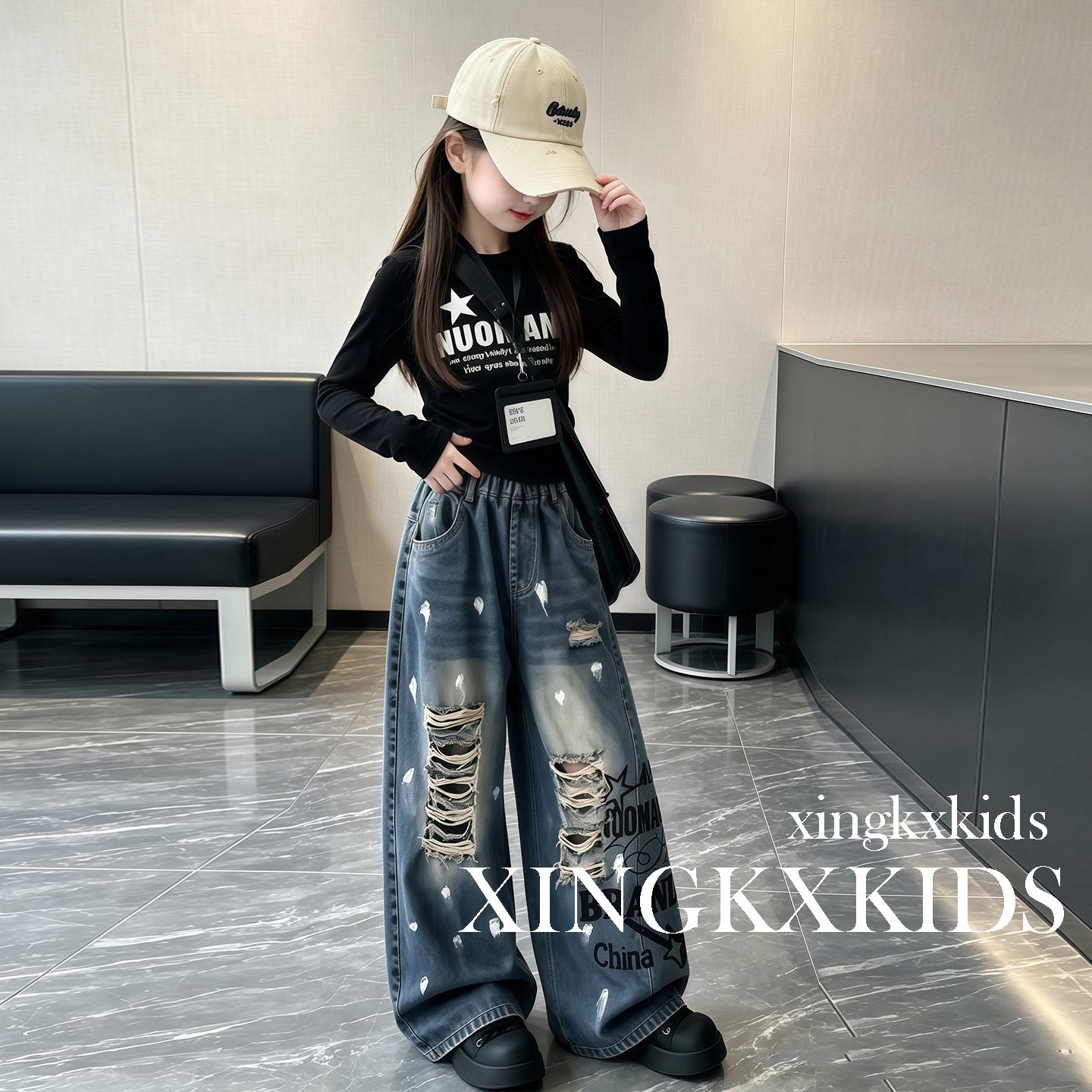 女童牛仔阔腿裤秋季新款宽松