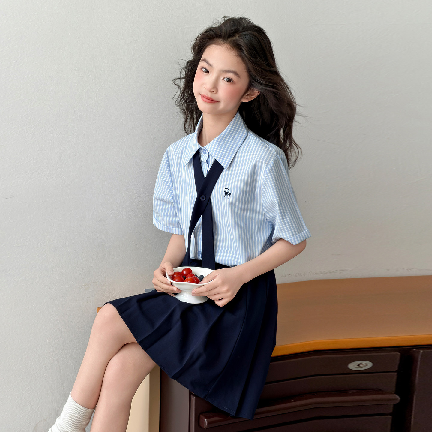 夏季学院风条纹衬衫百褶裙套装