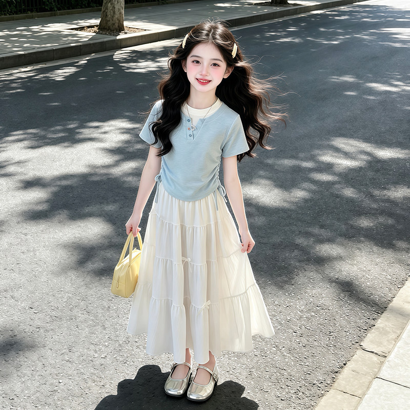 女童夏装短袖半身裙套装2026新款女孩大童T恤儿童长裙两件套裙子