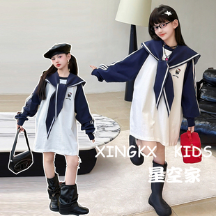 女童学院风卫衣裙春秋装2026新款女大童韩系春装中长款打底衫上衣