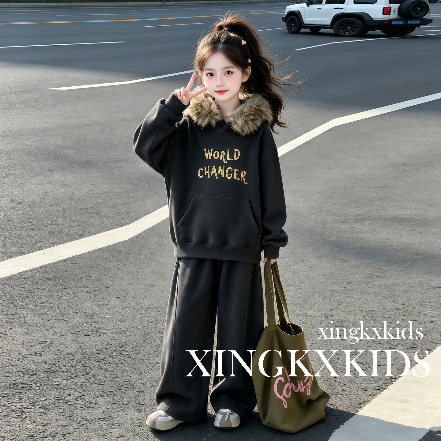 女童秋冬新款加绒卫衣阔腿套装