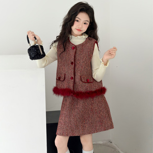 女童秋冬小香风加绒套裙2025新款 加厚保暖毛衣年服背心裙 大童冬季