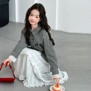 女童春装韩系格子衬衫2026新款女大童时髦春秋款半身裙儿童两件套