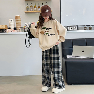 女童秋装套装2024新款时尚洋气女孩春秋休闲儿童卫衣格子裤两件套