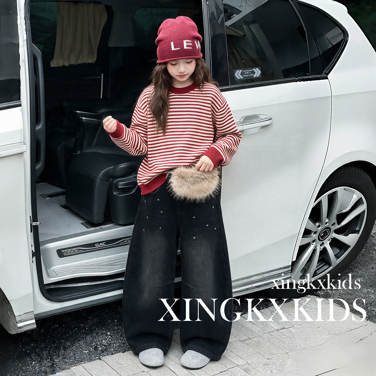 女童春秋慵懒风条纹毛衣阔腿裤套