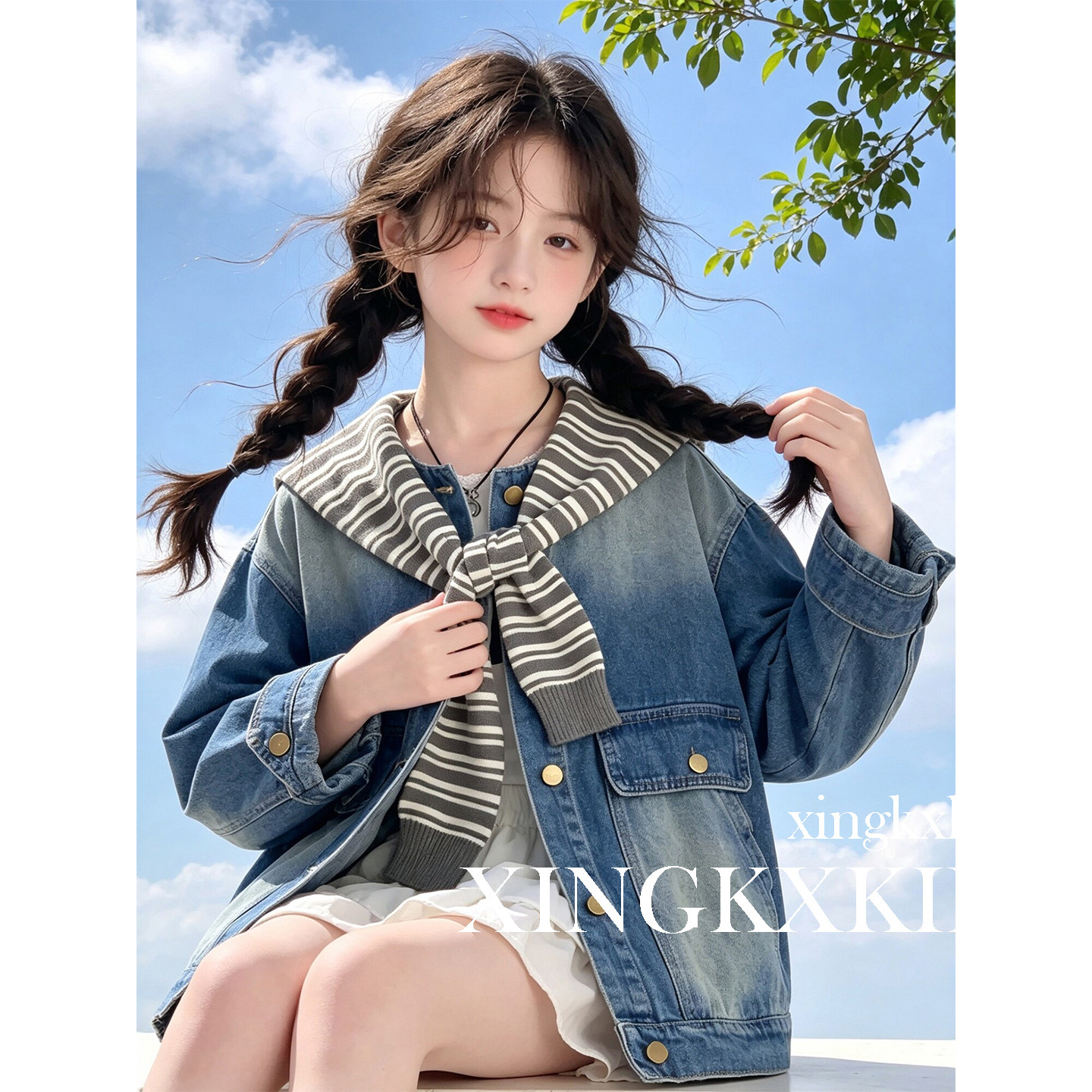 女童春秋韩版牛仔披肩夹克