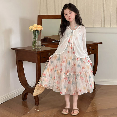 女童夏季甜美碎花吊带连衣裙