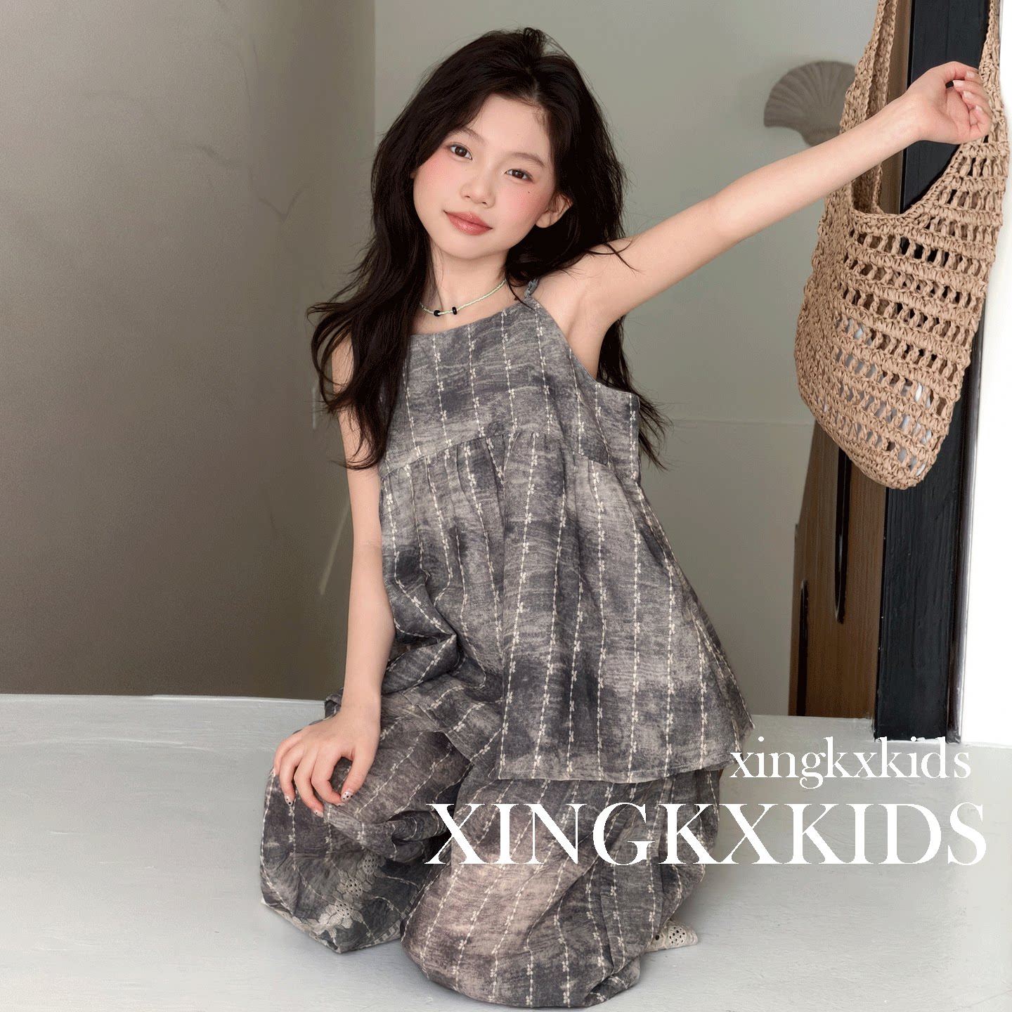 女童夏季度假风吊带阔腿两件套