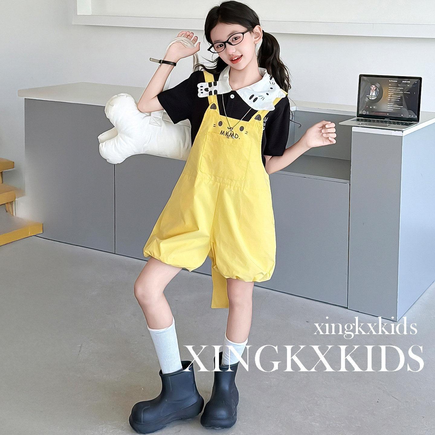 女童韩系夏季短袖背带裤两件套