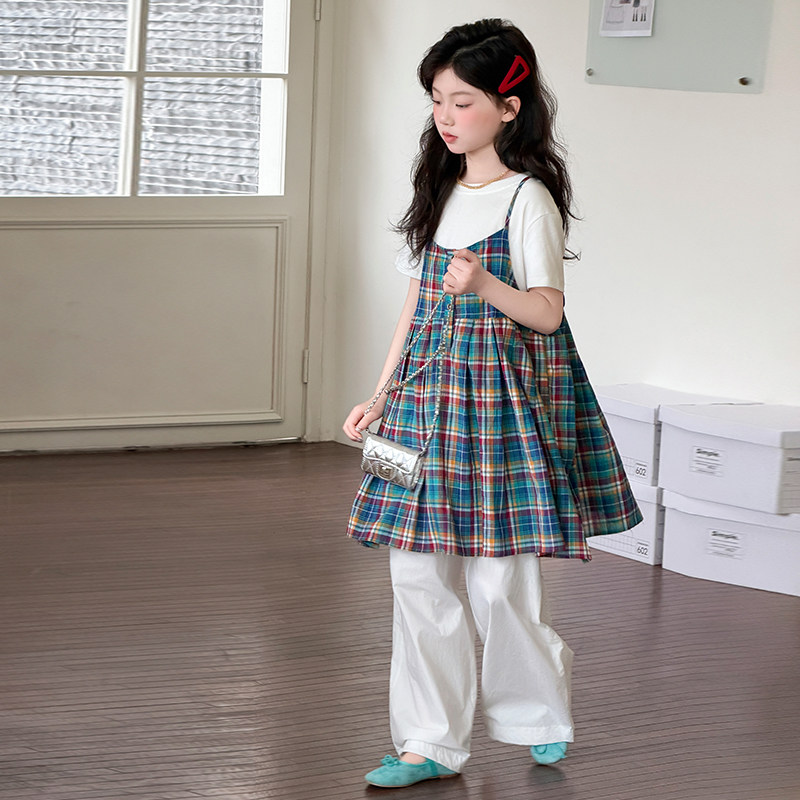 女童夏季日系复古格纹三件套