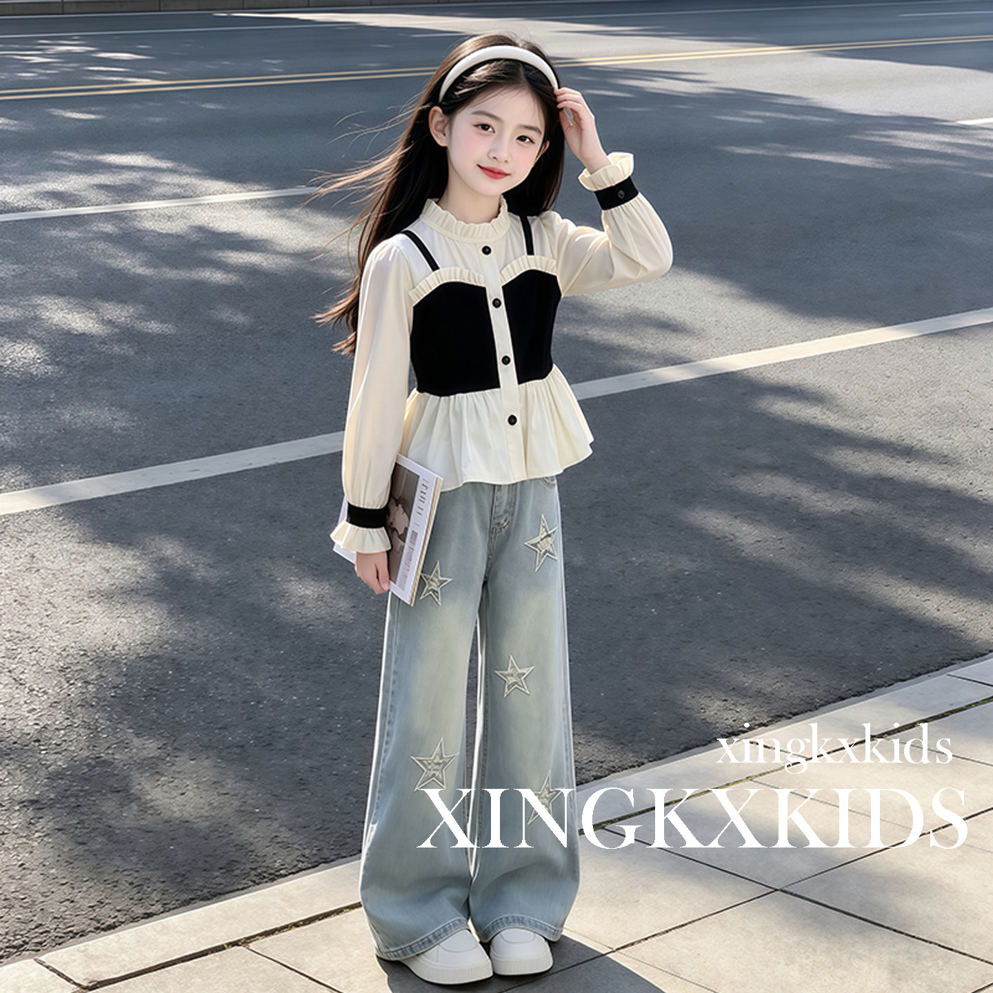 女童秋季假两件上衣牛仔裤两件套