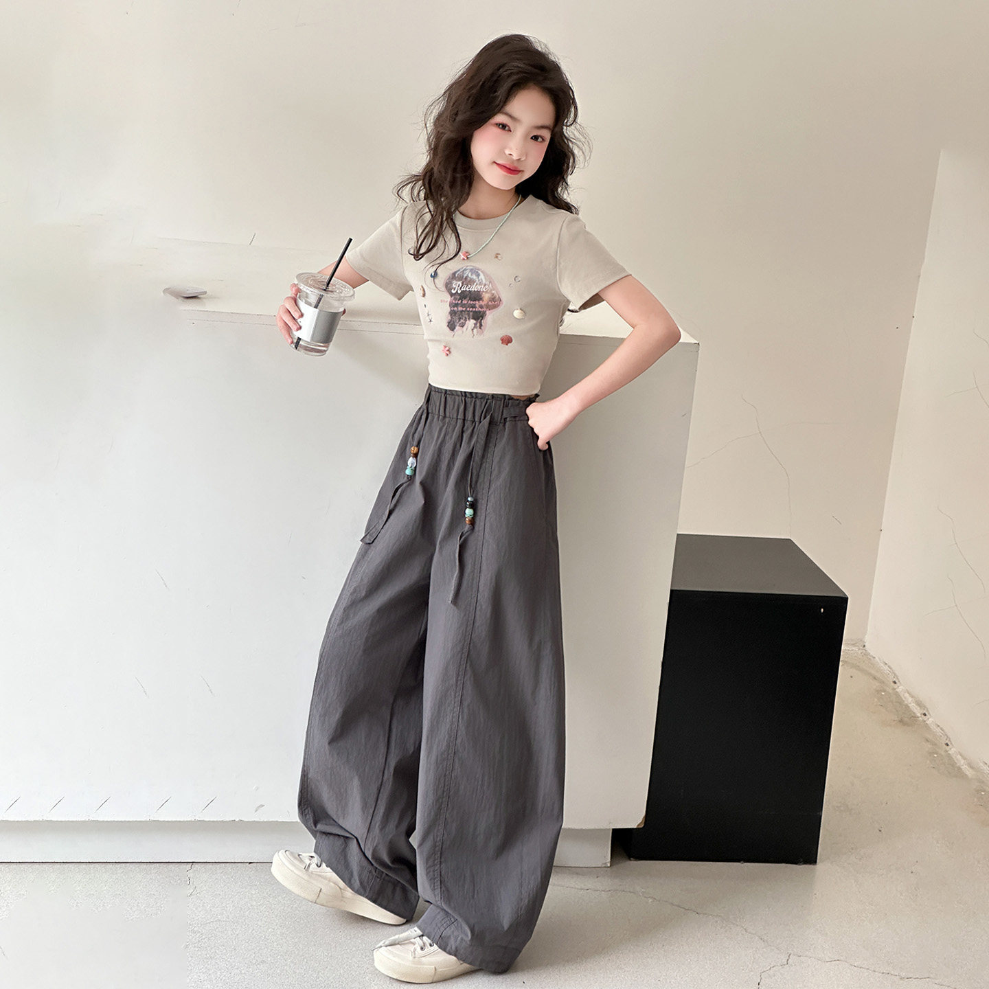 女童夏季洋气卡通T恤阔腿两件套