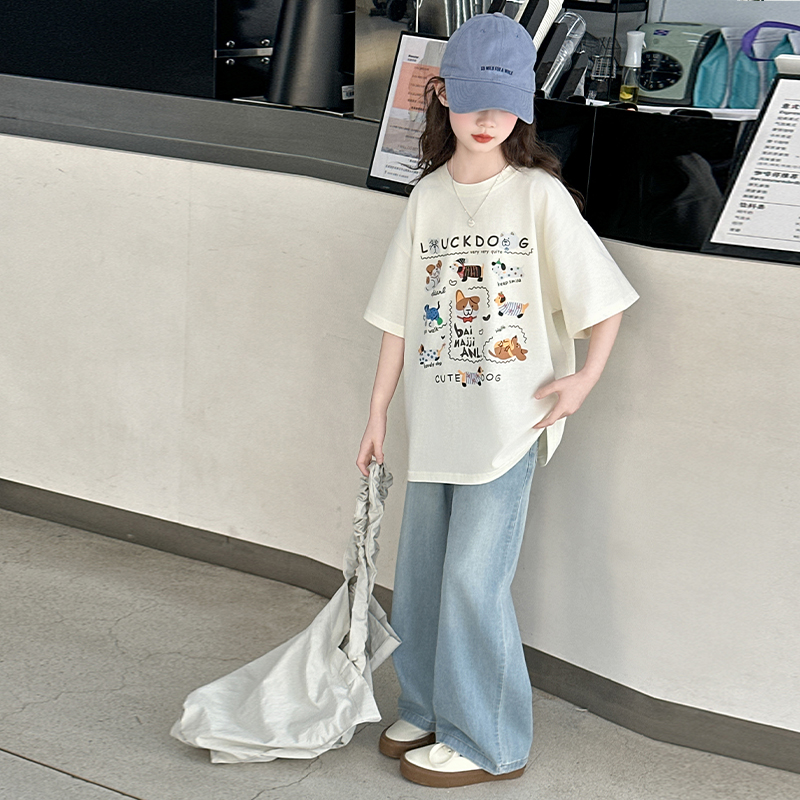 女童夏季短袖t恤套装2025新款女大童夏装休闲T恤儿童夏天牛仔裤子