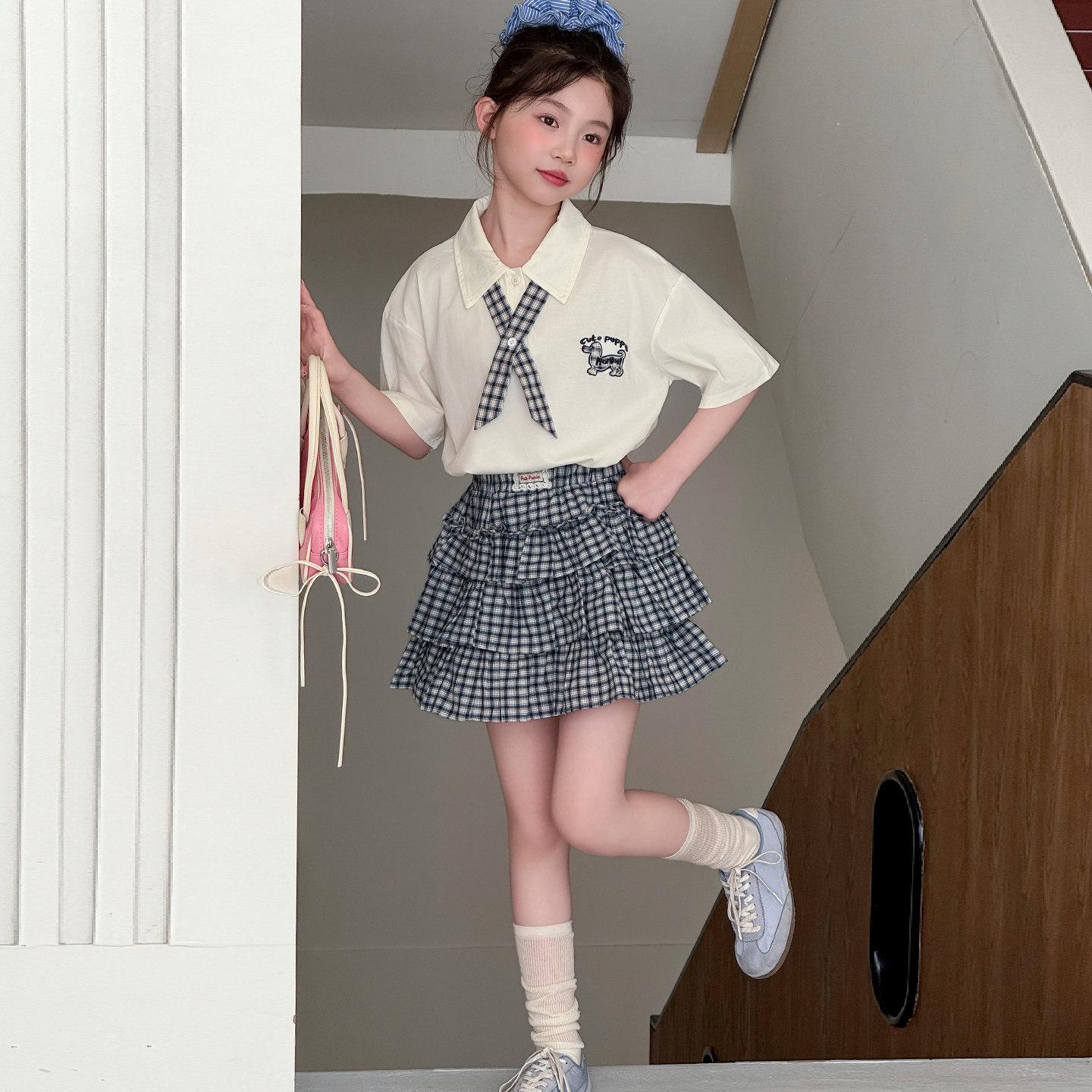 女童夏季学院风格子衬衫蛋糕裙